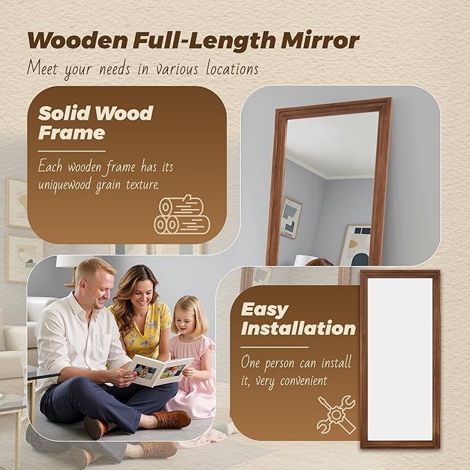 Antok Full Length Mirror with Solid Wood Frame, 81"×41" Wall Mounted Oversized Floor Mirror with Stand, Leaning Standing Hanging for Bedroom Living Room Entryway, Brown, Rect Style