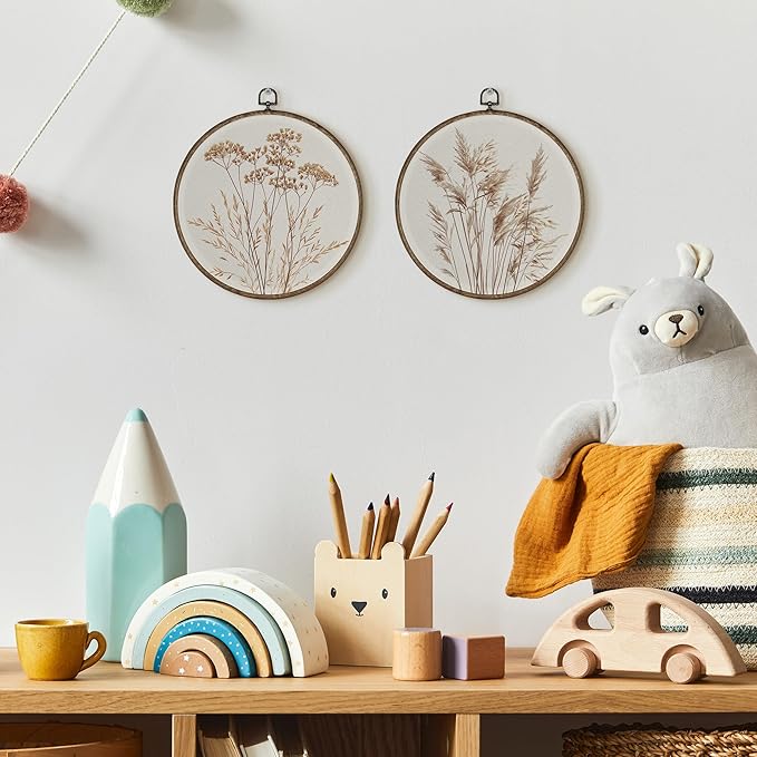 TLESKE Beige Rustic Fall Botanical Round Wall Art Decor Set of 2, Boho Wildflower Floral Framed Canvas Prints Wall Art Artwork, Neutral Vintage Farmhouse Hanging Decor for Bedroom Living Room 10x10