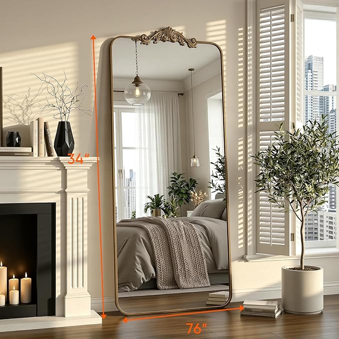 Antok Arched Full Length Mirror, 76"x34" Floor Mirror with Carved, Full Body Mirrors for HomeDecor, Standing/Halling Large Wall Mirror for Bedroom, Living Room, Cloakroom, Bronze, Ornate Style