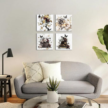 Butterfly Wall Art Black White and Gold Wall Decor Women Bedroom Decor Glam Fashion Pictures Watercolor Flowers Posters Handbag Perfume Paintings Modern Artwork Home Decorations 12x12” 4Pcs