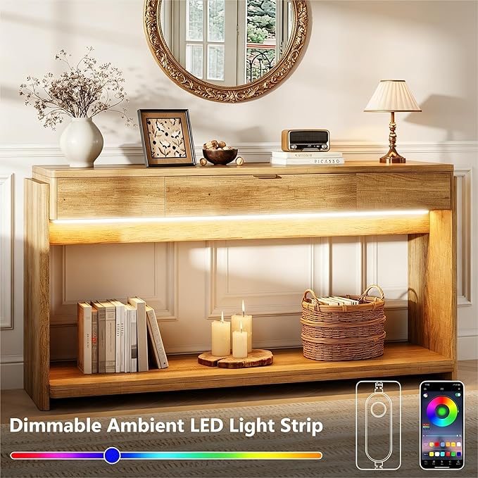 Feonase 71" Long Console Table with Drawer and LED, Wooden Farmhouse Sofa Table Behind Couch, Modern Entryway Table for Living Room, Hallway, Entrance, Foyer, Oak Brown