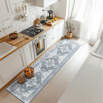 BESTSWEETIE 2x8 Area Rug Washable Rugs for Living Room, No Pile Boho Carpet for Entryway Bedroom Dinning Room, Vintage Carpet Print Distressed Non-Slip, 2 x 8 ft, Blue Grey White