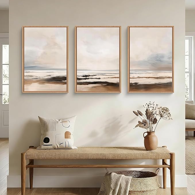 HOURIA Large Neutral Abstract Gray Framed Wall Art Set,Minimalist Modern Beige Brown Landscape Wall Decor,Wilderness Filed Artwork,Watercolor Misty Lake Print for Living Room,Bedroom,Office- 24"x36"x3