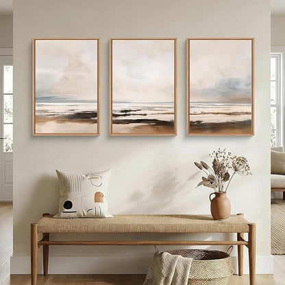 HOURIA Large Neutral Abstract Gray Framed Wall Art Set,Minimalist Modern Beige Brown Landscape Wall Decor,Wilderness Filed Artwork,Watercolor Misty Lake Print for Living Room,Bedroom,Office-16 x24 x3