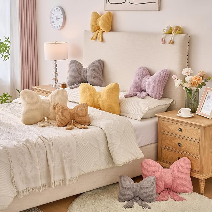 Bow Pillow, Decorative Throw Pillows with Soft Plush, Bow Throw Pillow for Couch Bed, Home Decor Bow Shaped Pillow for Bedroom Living Room (Khaki, 12 Inches)