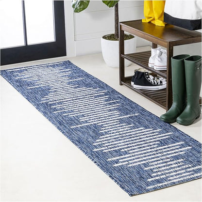JONATHAN Y Stripe Geometric Indoor Outdoor Runner Rug 2X10 Blue/Ivory, Zolak Berber for Backyard, Patio, Porch, Easy-Cleaning, High Traffic, Pet-Friendly, Non-Shedding (SMB124C-210)