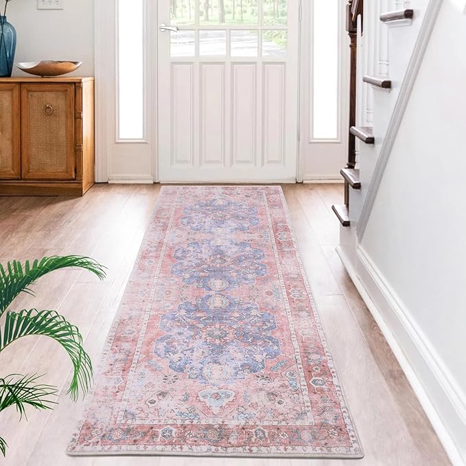 Sofrug Hallway Runner Rug, 2x8 Vintage Pink Area Rug, Honeycomb Non Slip Kitchen Runner Rugs, Washable Soft Faux Wool Rug for Hallways Entryway Kitchen Laundry Bedroom
