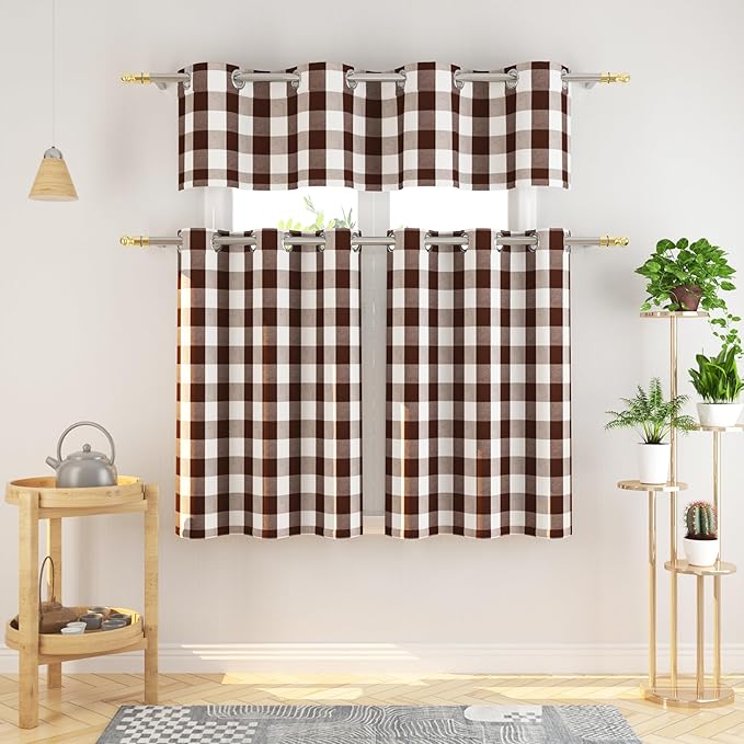 3 Pieces Tier Curtains and Valance Set Buffalo Check Kitchen Tiers Plaid Gingham Grommet Top Classic Short Small Cafe Curtains Country Farmhouse Cafe Bathroom 54"x18"/32"x36" Brown & White