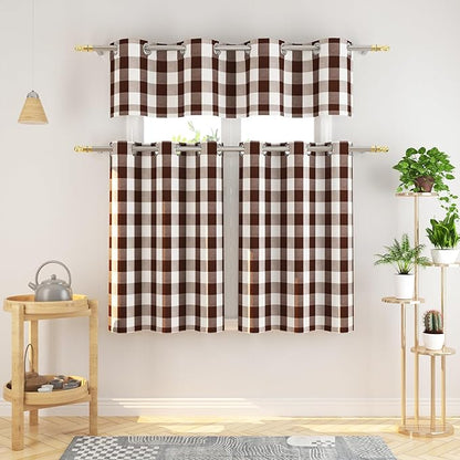 3 Pieces Tier Curtains and Valance Set Buffalo Check Kitchen Tiers Plaid Gingham Grommet Top Classic Short Small Cafe Curtains Country Farmhouse Cafe Bathroom 54"x18"/32"x36" Brown & White
