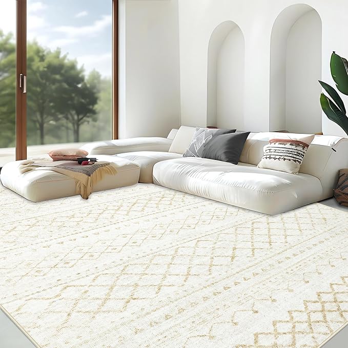 Area Rug for Living Room 10x14: Large Washable Boho Moroccan Rugs Geometric Neutral Rug, Non-Slip Foldable Morden Farmhouse Indoor Floor Carpet for Bedroom Dining Room Home Office（Beige,10'x14'）
