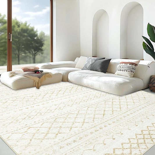 Area Rug for Living Room 10x14: Large Washable Boho Moroccan Rugs Geometric Neutral Rug, Non-Slip Foldable Morden Farmhouse Indoor Floor Carpet for Bedroom Dining Room Home Office（Beige,10'x14'）