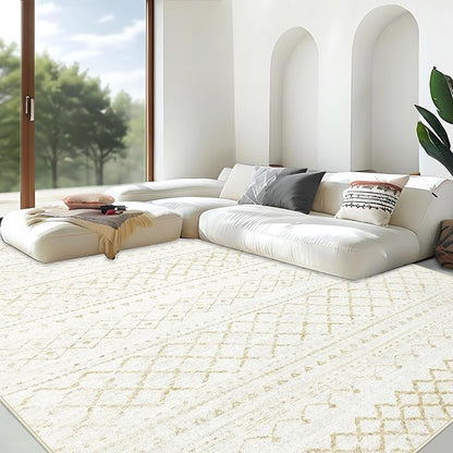 Area Rug Living Room Rugs 8x10 - Large Soft Boho Geometric Rug, Non-Slip Foldable Washable Rugs Non Shedding Morden Indoor Floor Carpet for Living Bedroom Office Dining Room (Beige,8' x 10')