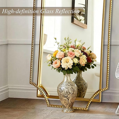 Gold Bathroom Mirror with Metal Frame 24"x36" Antique Beaded Decorative Wall Vanity Mirror Rectangle Polished Beveled Mirrors for Bedroom Entryway Fireplace