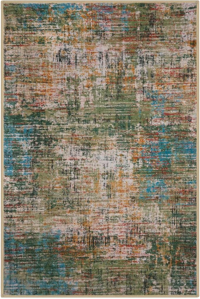 KILOCOCO Abstract Area Rug 3x5 Entryway Rug Washable Kitchen Rugs Non Slip Soft Pinted Entrance Rugs Indoor Mat for Front Door Foyer Farmhouse Living Room Floor Carpet, Green/Orange/Blue