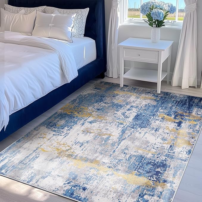 RELEANY Washable Area Rugs 4'x5' Non-Slip Modern Abstract Soft for Living Room Entryway Bedroom Nursery, Print Pattern, Grey Blue Gold/Golden