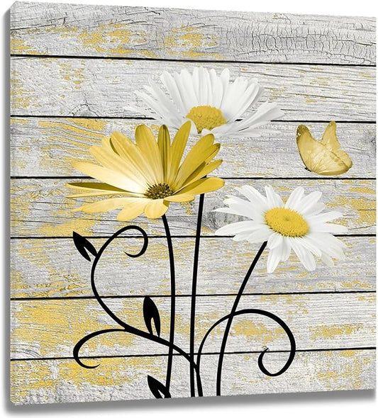 HVEST Farmhouse Yellow Floral Wall Art for Bathroom, Retro Daisy and Butterfly on Rustic Wood Canvas Wall Art Nature Flower Pictures for Living Room Bedroom Apartment Wall Decor,12L X 12W inches