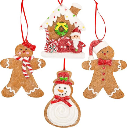 Gingerbread Christmas Ornaments - Man Boy Girl Gingerbread House Snowman Cookie Rustic Christmas Decorations Set of 4 - Claydough Christmas Tree Decorations - Christmas Tree Ornaments with Gift Box