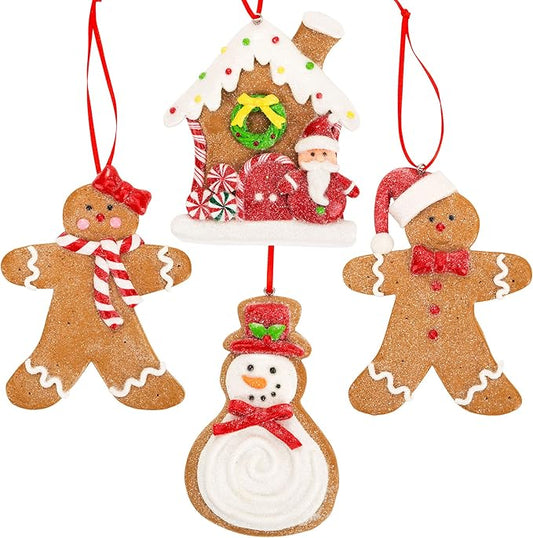 Gingerbread Christmas Ornaments - Man Boy Girl Gingerbread House Snowman Cookie Rustic Christmas Decorations Set of 4 - Claydough Christmas Tree Decorations - Christmas Tree Ornaments with Gift Box