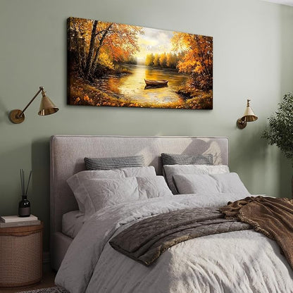 SERIMINO Fall Wall Art, Landscape Wall Art, Large Wall Decor, Lake Boat Forest Canvas Art Prints, Gold Autumn Nature Pictures, Rustic Paintings for Living Room Bedroom Dining Room Office Farmhouse 24"X48"
