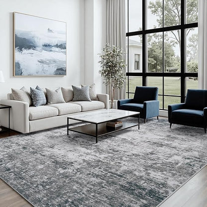 Area Rug 8x10 Living Room Rug Washable: No-Slip Abstract Soft Thin Large Gray White Rugs, Indoor Floor Stain Resistant Modern Carpet for Bedroom Dining Room Farmhouse Nursery Home Office