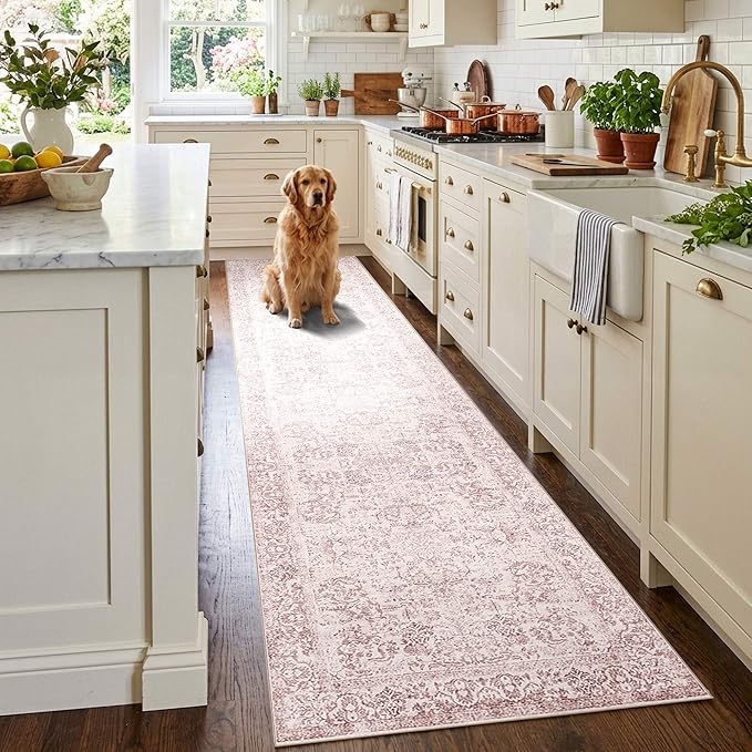 Rugxara 2x10 Washable Runner Rug, Non Slip Boho Runner Rugs for Hallway, Kitchen, Entrance, Bathroom, Laundry Room, Soft Ultra-Thin Entryway Carpet, Throw Low Pile Retro Imitation Carpet, Pink