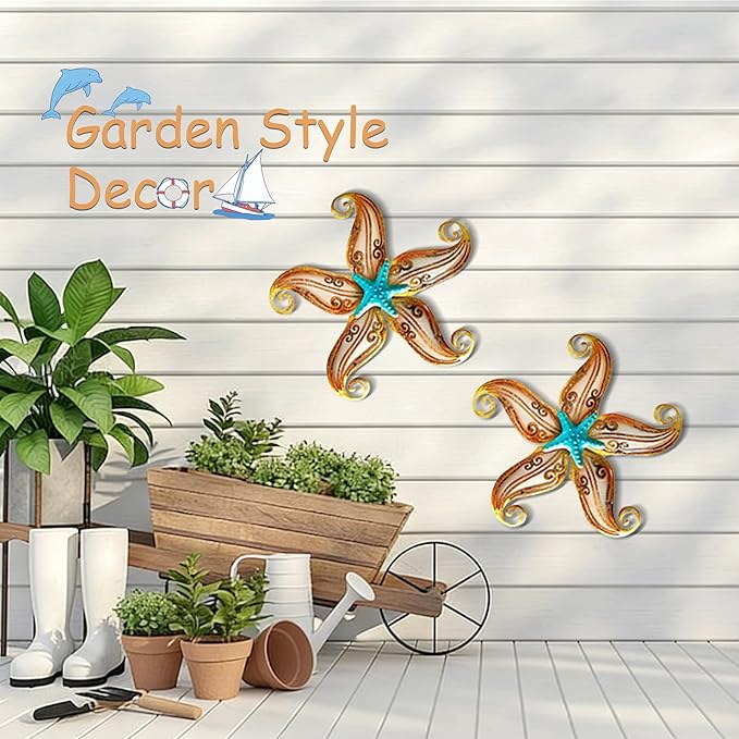 POXOHO Starfish Outdoor Wall Decor, 12" Outdoor Fence Wall Art Decor, Hanging Metal & Glass Sculpture for Garden Fence Patio(Apricot)
