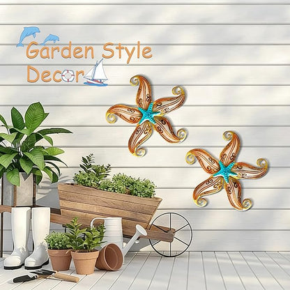 POXOHO Starfish Outdoor Wall Decor, 12" Outdoor Fence Wall Art Decor, Hanging Metal & Glass Sculpture for Garden Fence Patio(Apricot)