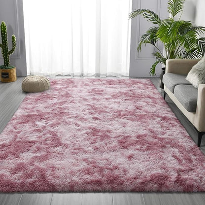 Deerhoo Large Shag Area Rugs 6 x 9, Tie-Dyed Plush Fuzzy Rugs for Living Room, Ultra Soft Fluffy Furry Rug for Bedroom, Indoor Carpet Nursery Rugs for Kids Room Home Decor, Pink Purple