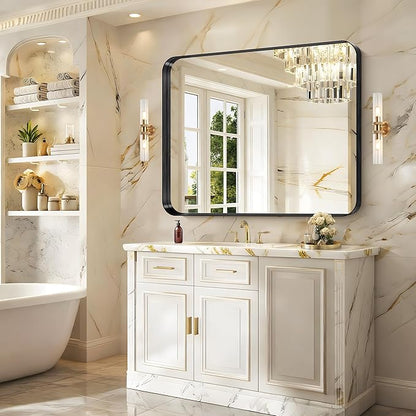 CIRCUMI Black Bathroom Mirror, 40"x48" Rectangular Mirror with Deep Metal Frame, Rounded Corner, Tempered Glass, Large Mirror for Wall, Over 2 Sinks, Installed Vertically/Horizontally, Crystal-Clear