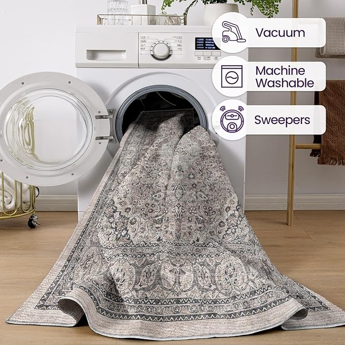 DEXI Area Rugs for Living Room, 8x10 Washable Low Pile Floral Rug for Bedroom, Non Slip Large Indoor Carpet for Dining Office Nursery, Grey