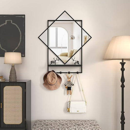 Black Entryway Mirror with Hooks, 26" X 30" Wall Mirror with Hooks, Bathroom Mirror with Shelf, Rectangular Framed Wall Mirror with Shelf and Hooks