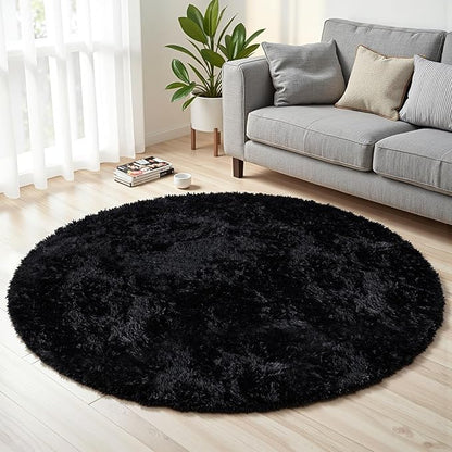 Black Round Fluffy Rug 5ft Plush Fuzzy Shaggy Carpet,Soft Rugs for Living Room for Nursery,Preppy Dorm,Classroom,Playroom,Teen,Baby Home Decor (Black 5"x5")