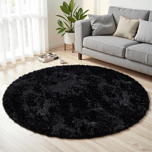 Black Round Fluffy Rug 6ft Plush Fuzzy Shaggy Carpet,Soft Rugs for Living Room for Nursery,Preppy Dorm,Classroom,Playroom,Teen,Baby Home Decor (Black 6"x6")