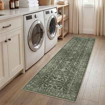 2x8 Green Runner Rug Hallway Washable Area Rugs Kitchen Vintage Boho Non Slip Long Rug Floral Carpet Indoor Retro Soft Low Pile Throw Rug for Bedroom Bathroom Laundry Dining Living Room Office