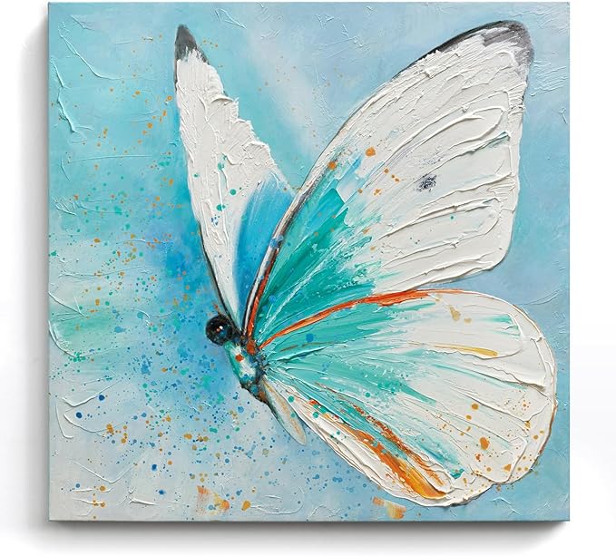 JUHOME Abstract Butterfly Wall Art – 24x24 In Original Hand-Painted Oil Painting, Blue and White Textured Canvas Wall Decor with Modern Floral Wing Details for Living Room Bedroom Office