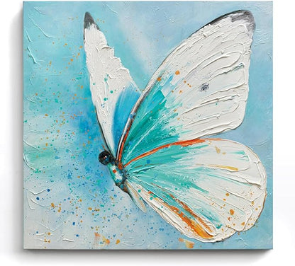 JUHOME Abstract Butterfly Wall Art – 24x24 In Original Hand-Painted Oil Painting, Blue and White Textured Canvas Wall Decor with Modern Floral Wing Details for Living Room Bedroom Office