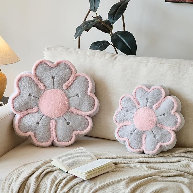 Flower Shaped Decorative Throw Pillow Cushion for Bed Couch, Cute Flower Plush Throw Pillows Home Decor Floor Pillow Seating Cushions (Grey, 17.7 Inches)