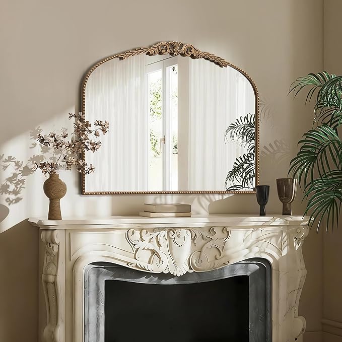 Besdomus Gold Vintage Vanity Mirror: 24"x 32" French Baroque Arched Mirror - Traditional Ornate Antique for Dresser/Mantel/Bedroom/Entryway/Bathroom/Hallway - Home Decor for Living Room