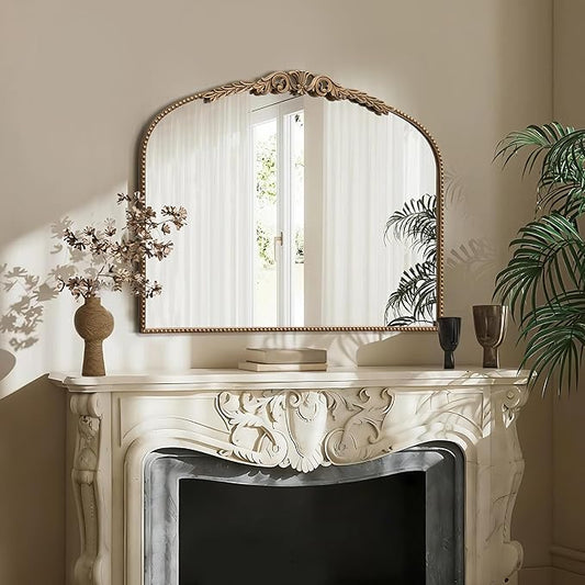 Besdomus Gold Vintage Vanity Mirror: 24"x 32" French Baroque Arched Mirror - Traditional Ornate Antique for Dresser/Mantel/Bedroom/Entryway/Bathroom/Hallway - Home Decor for Living Room