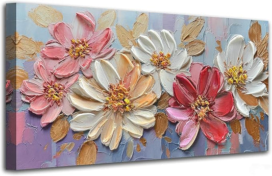 Enartly Flowers Canvas Wall Art for Living Room, Hand-painted Textured Floral Artwork, Modern Aesthetic Colorful Flowers Paintings Pictures, for Home Bedroom Garden Farmhouse Decor, 40"x20"