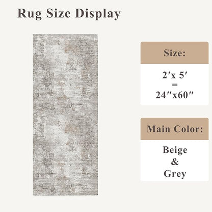 2x5 Rug Runner Non-Slip Washable – Modern Neutral Abstract Small Rug for Hallway, Kitchen, Bathroom, Bedroom, Entryway, Laundry Room – Thin Soft Low-Pile Rubber Backing (Beige/Grey)