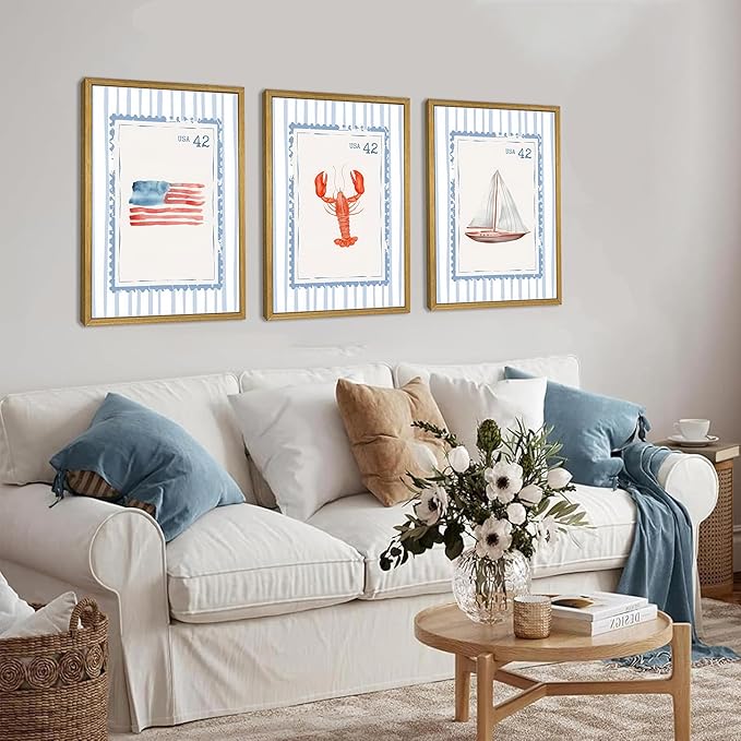 Wood Framed Blue Beach Stamp Set of 3 Canvas Poster Coastal Granddaughter Room Wall Art Decor Vintage Preppy Aesthetic Prints Artwork for Girly Dorm Apartment Ocean Home Decoration 12x16 Inch