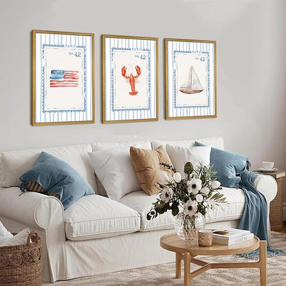 Wood Framed Blue Beach Stamp Set of 3 Canvas Poster Coastal Granddaughter Room Wall Art Decor Vintage Preppy Aesthetic Prints Artwork for Girly Dorm Apartment Ocean Home Decoration 16x24 Inch