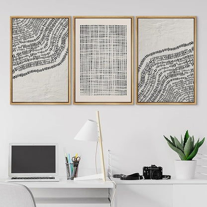 SIGNLEADER Framed Canvas Print Wall Art Set Minimalist Black and White Geometric Abstract Pattern and Line Illustrations Boho Decorative for Living Room, Bedroom, Office - 16"x24"x3 NATURAL
