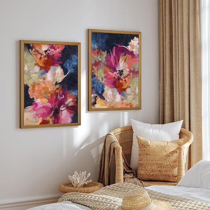 Colorful Abstract Wall Art Decor Modern Flower Canvas Wall Art Abstract Flower Pictures Painting Modern Colorful Artwork Posters Abstract Prints for Living Room Bedroom 12x16 Inch Framed Set of 2