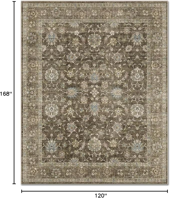 Washable 10x14 Area Rugs for Living Room, Boho Non-Slip Vintage Distress Large Rugs for Bedroom Dining Room Office, 0.3" Neutral Oriental Throw Thin Carpet, Tan/Flaxen/Multi, E2
