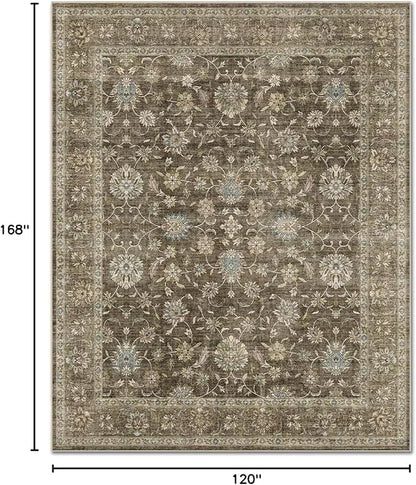 Washable 10x14 Area Rugs for Living Room, Boho Non-Slip Vintage Distress Large Rugs for Bedroom Dining Room Office, 0.3" Neutral Oriental Throw Thin Carpet, Tan/Flaxen/Multi, E2