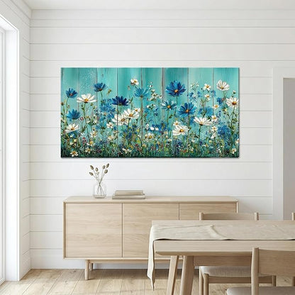 BQVCT Turquoise Blue and White Daisy Wall Art 24x48 Inch Large Gallery Wrapped Canvas Print Modern Floral Painting on Faux Wood Texture Ready to Hang for Living Room Bedroom Office Decor