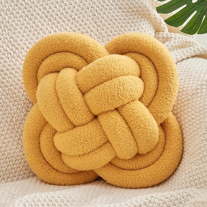 Knot Pillow, 12" Soft Decorative Throw Pillows for Couch Bed, Gray Pink Knotted Plush Throw Pillow Handmade Square Cushion Home Decor Pillows (Dark Yellow, 12 Inches X12 Inches)