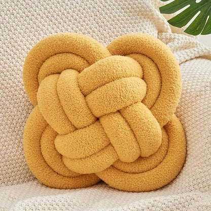 Knot Pillow, 12" Soft Decorative Throw Pillows for Couch Bed, Gray Pink Knotted Plush Throw Pillow Handmade Square Cushion Home Decor Pillows (Dark Yellow, 12 Inches X12 Inches)